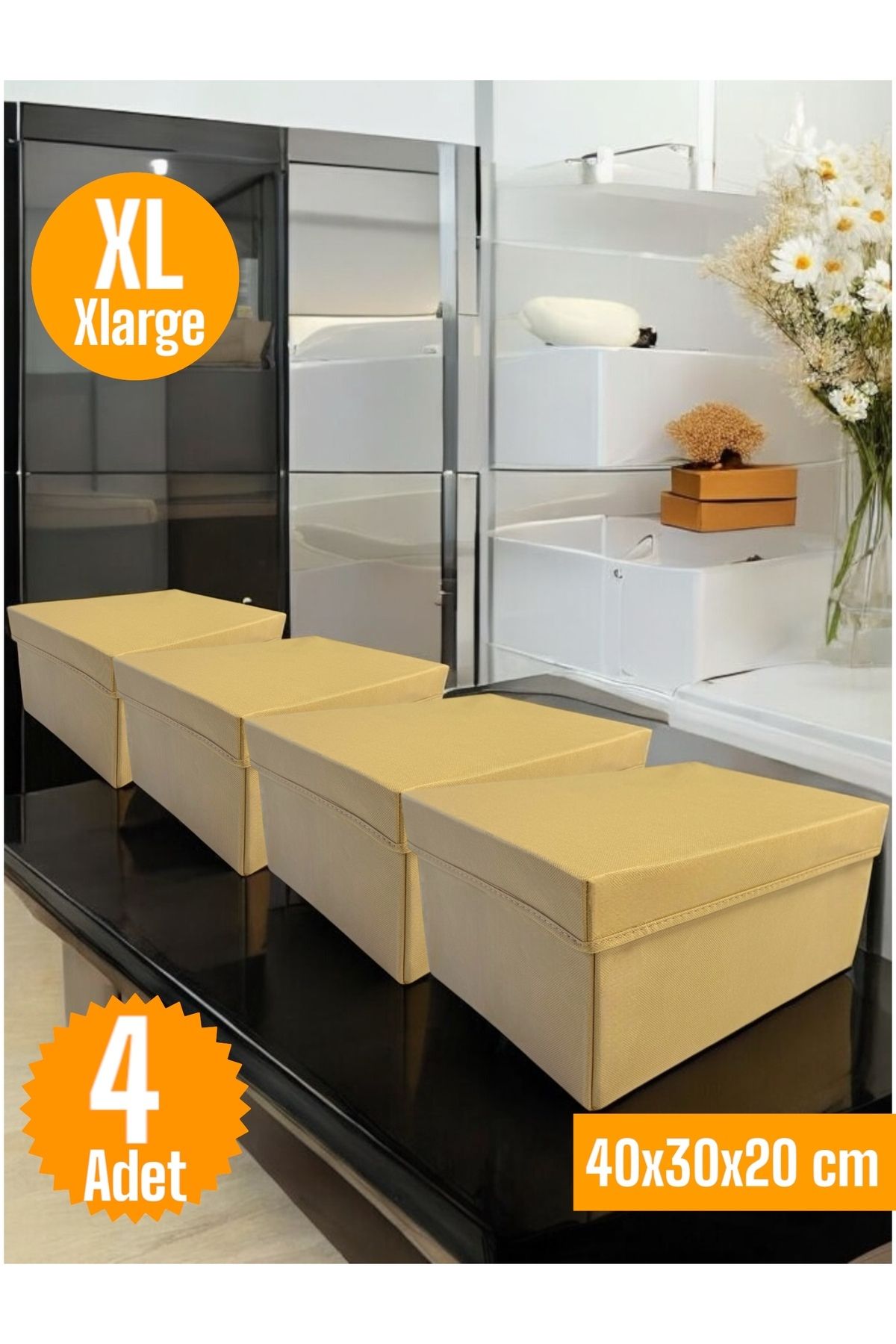 teknotrust Bej Çok Amaçlı Kapaklı Dolap İçi Düzenleyici Kutu 40x30x20 cm, 4'lü set