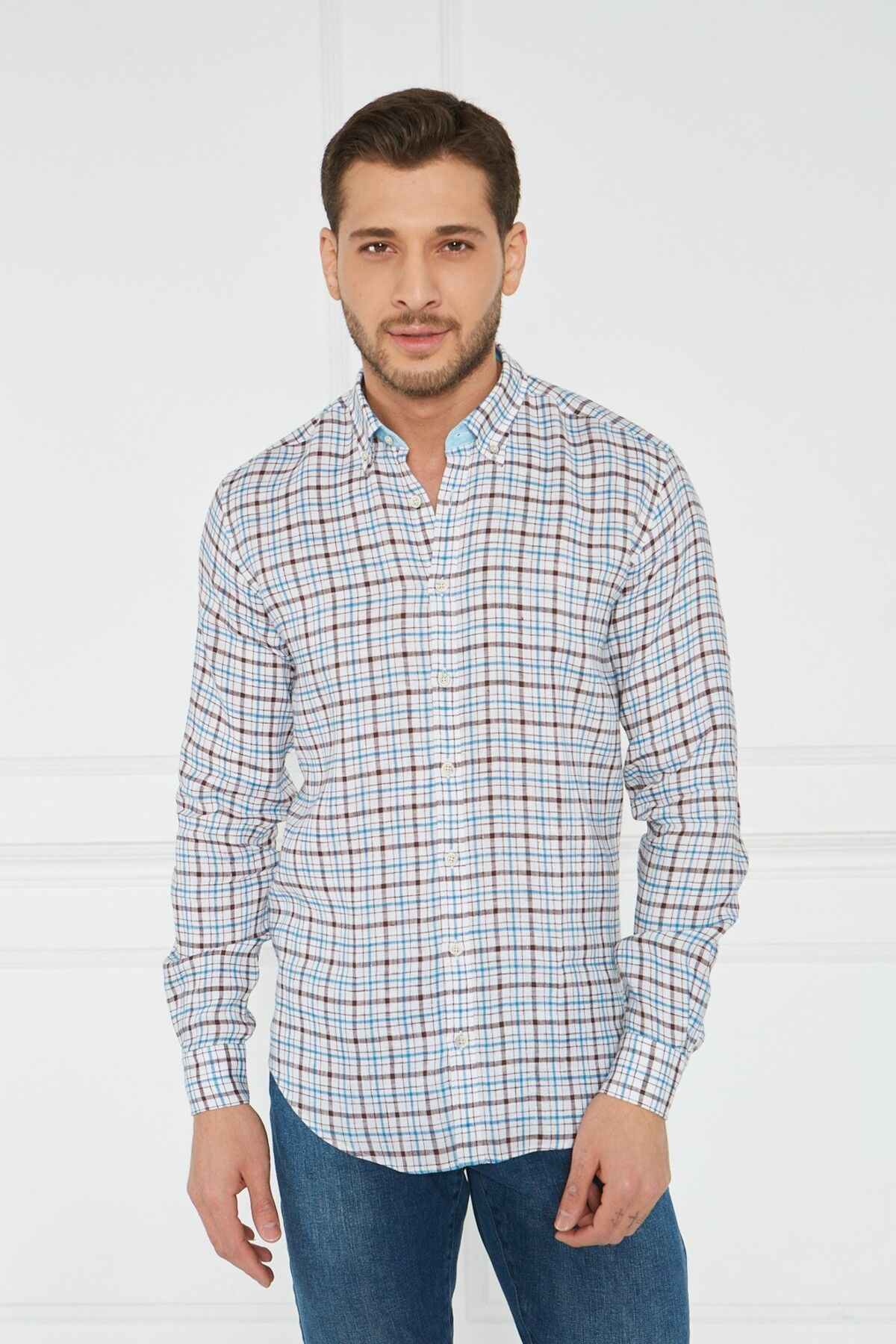 Paşahan Giorgianni Yaka Düğmeli Ekose Keten Slim Fit Gömlek
