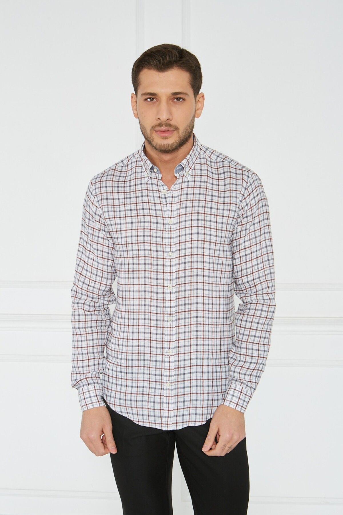 Paşahan Giorgianni Yaka Düğmeli Ekose Keten Slim Fit Gömlek