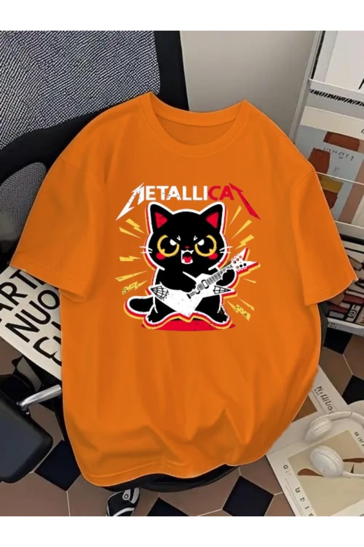 Madali Boutique Metallicat Baskılı Unisex Bisiklet Yaka Pamuk Oversize Boyfriend T-Shirt