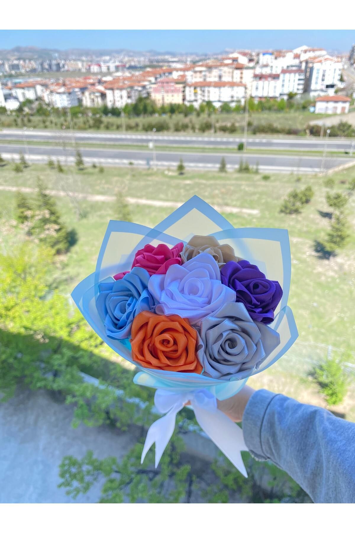 Elioure Mor yapay gül buketi, 7 adet, sevgi ve güzellik simgesi
