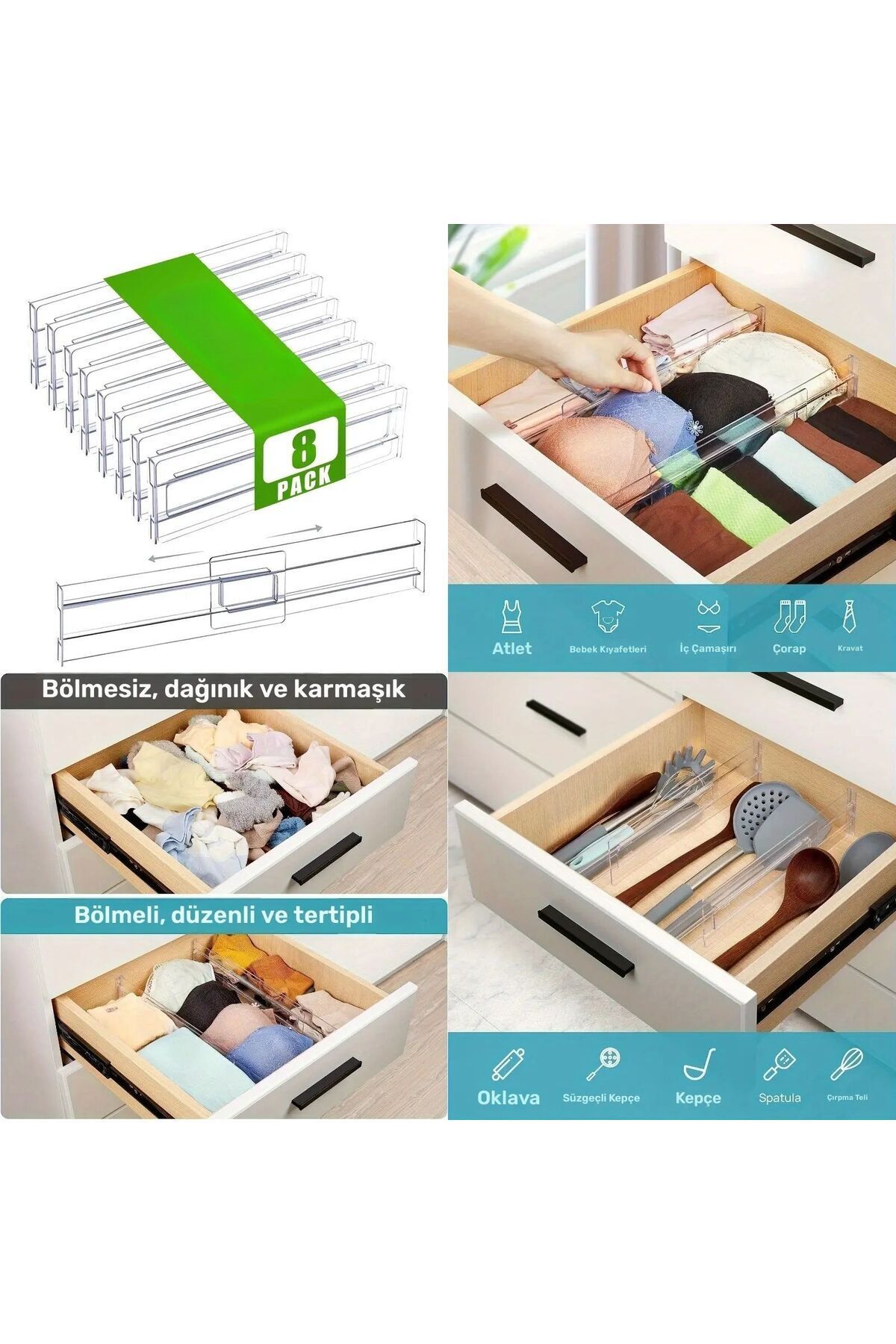 teknotrust 8 adet ayarlanabilir akrilik çekmece bölücü düzenleyici seti