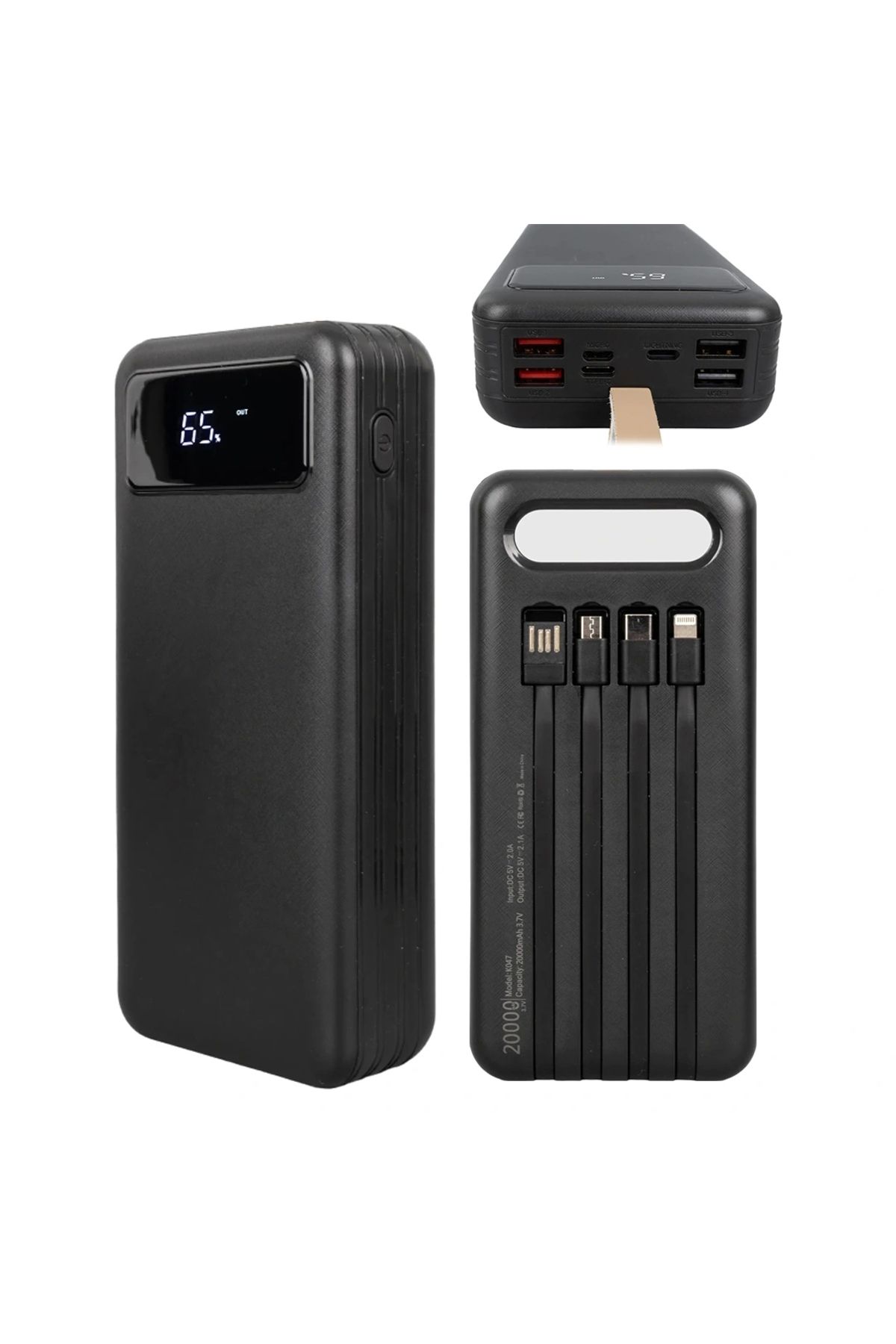 shopwave 20000 MAH DİJİTAL GÖSTERGELİ USB-MICRO-LIGHTNING-TYPE-C GİRİŞLİ VE KABLOLU POWERBANK (5047)