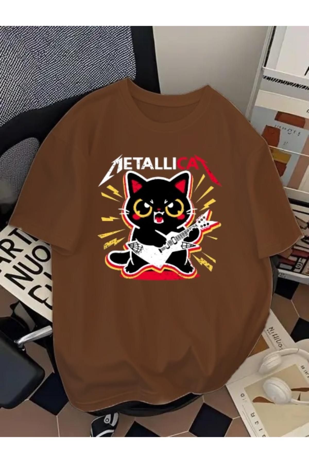 Madali Boutique Metallicat Baskılı Unisex Bisiklet Yaka Pamuk Oversize Boyfriend T-Shirt