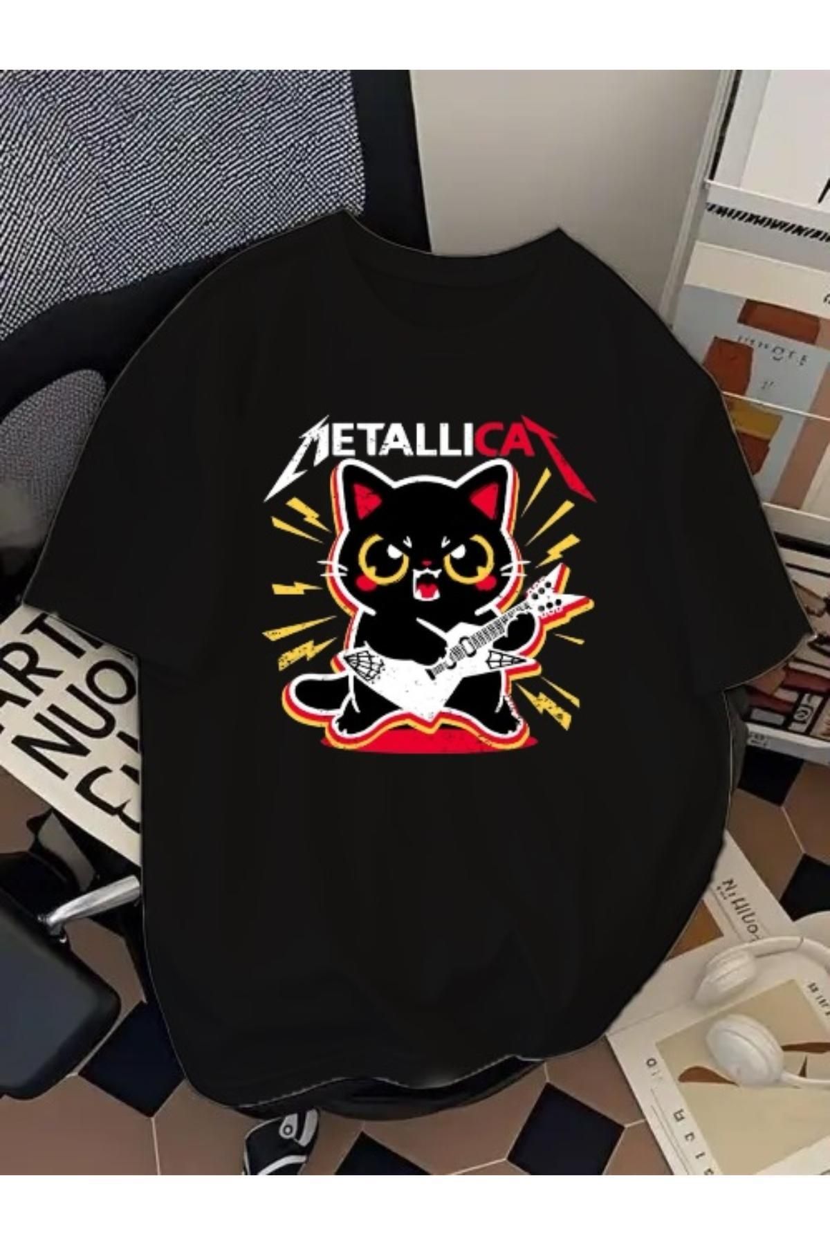 Madali Boutique Metallicat Baskılı Unisex Bisiklet Yaka Pamuk Oversize Boyfriend T-Shirt