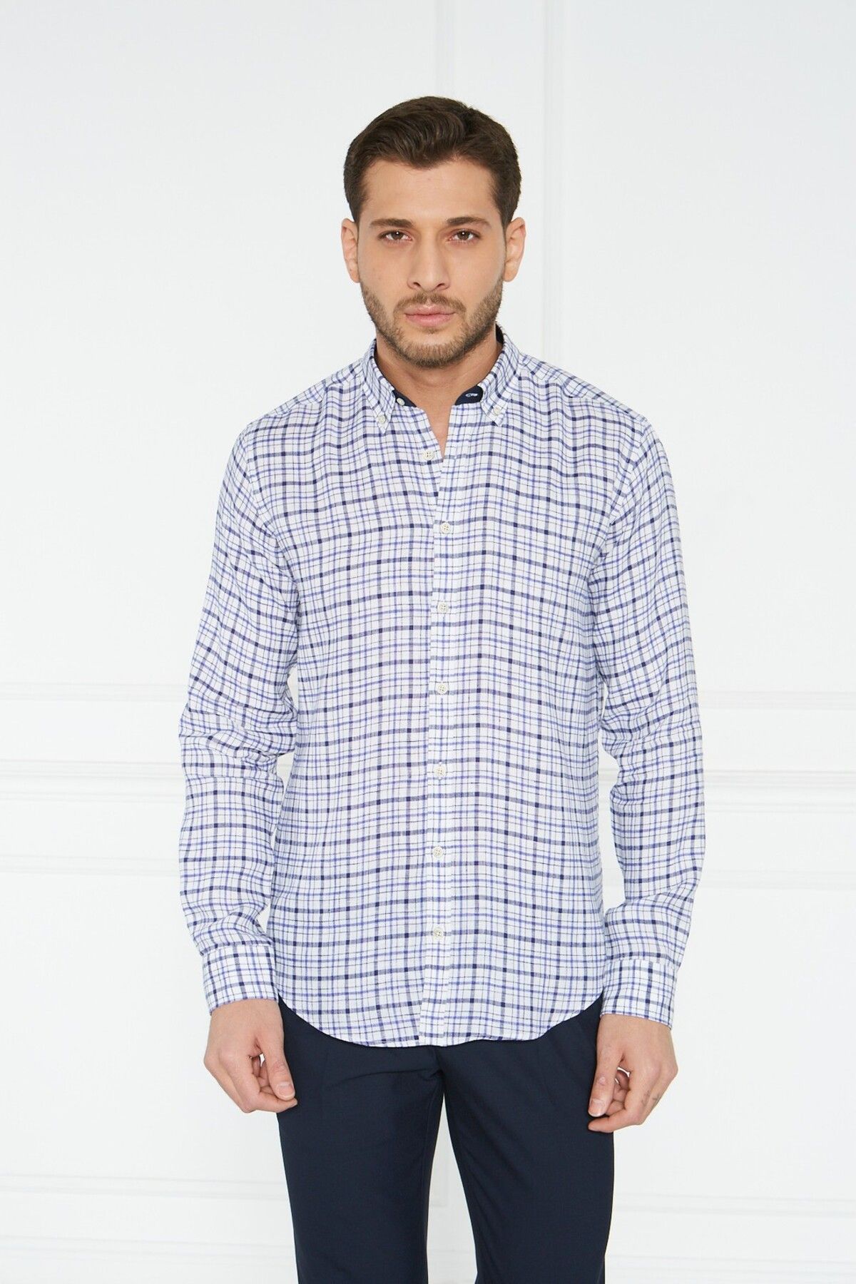 Paşahan Giorgianni Yaka Düğmeli Ekose Keten Slim Fit Gömlek