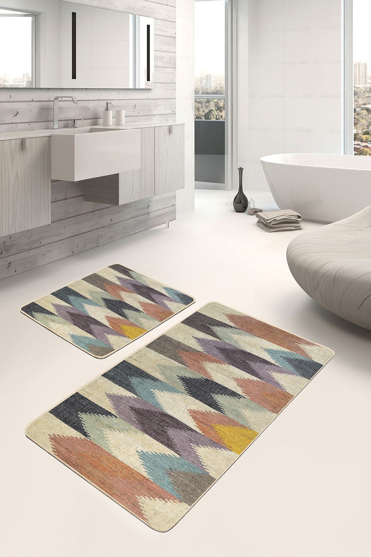 Realhomes Örgü Zeminde Patchwork Motifli Kilim Desenli Vintage Sade & Şık 2'li Banyo & Mutfak Paspas Takımı