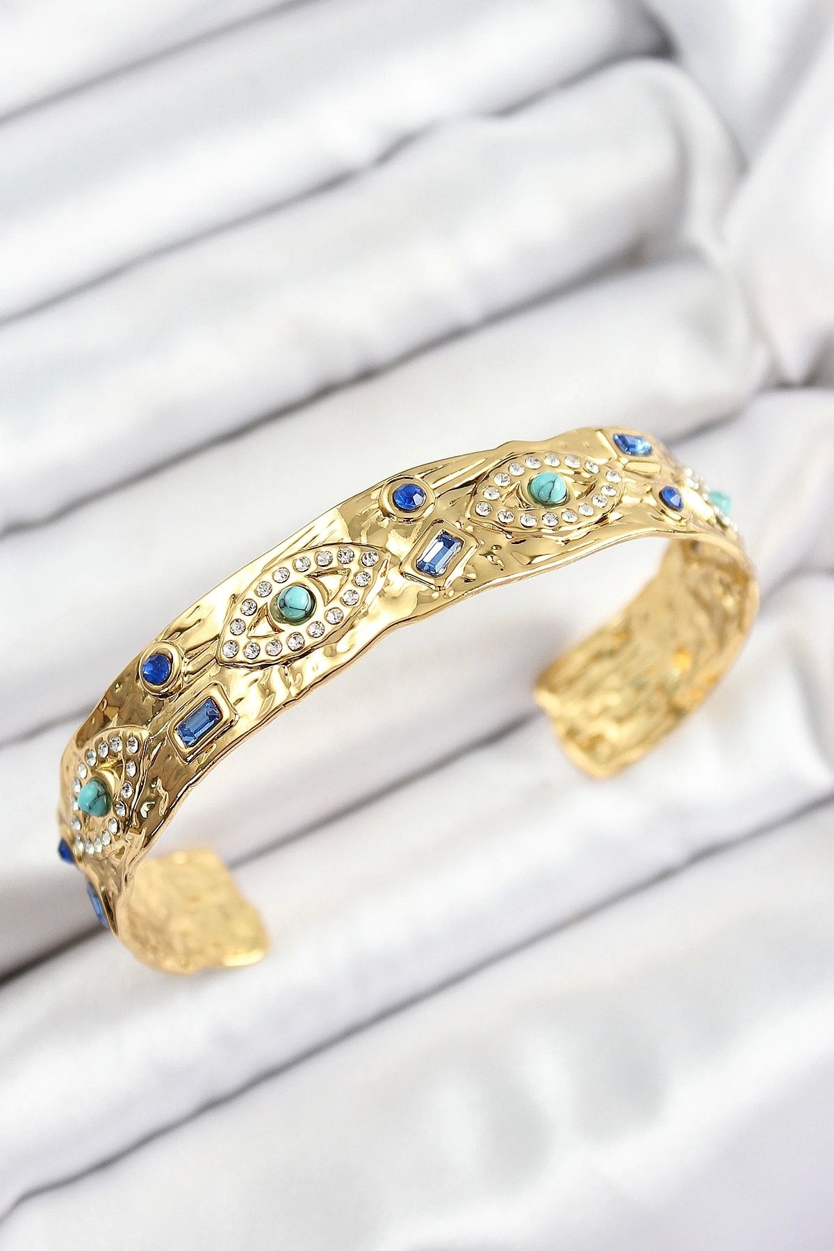 shopwave Pirinç Zirkon Taşlı Mavi Boncuklu Göz Model Gold Renk Altı Açık Kadın Bileklik