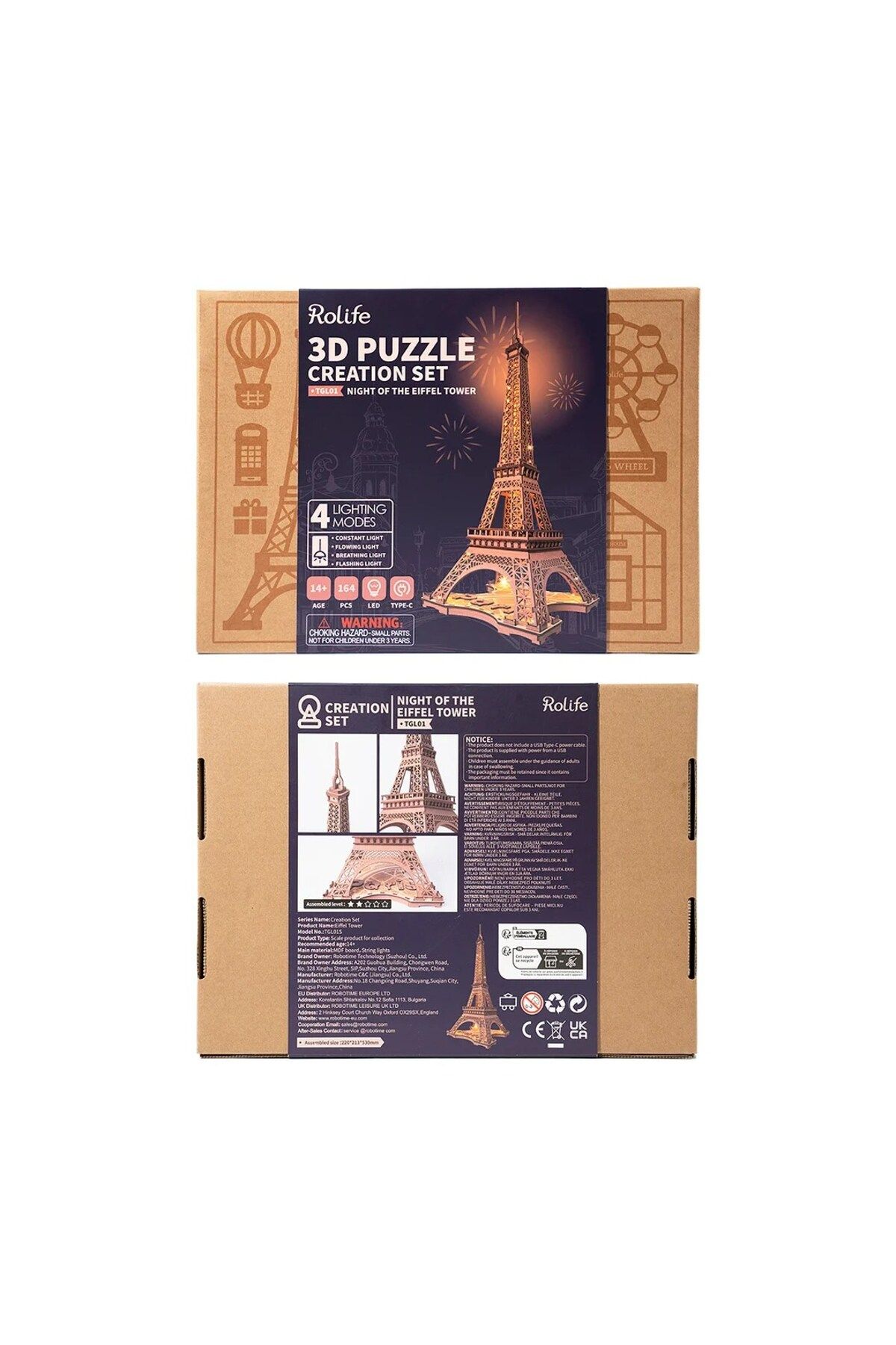 Robotime-Lampă de noapte Turnul Eiffel - Puzzle mecanic 3D din lemn - 164 de piese 8