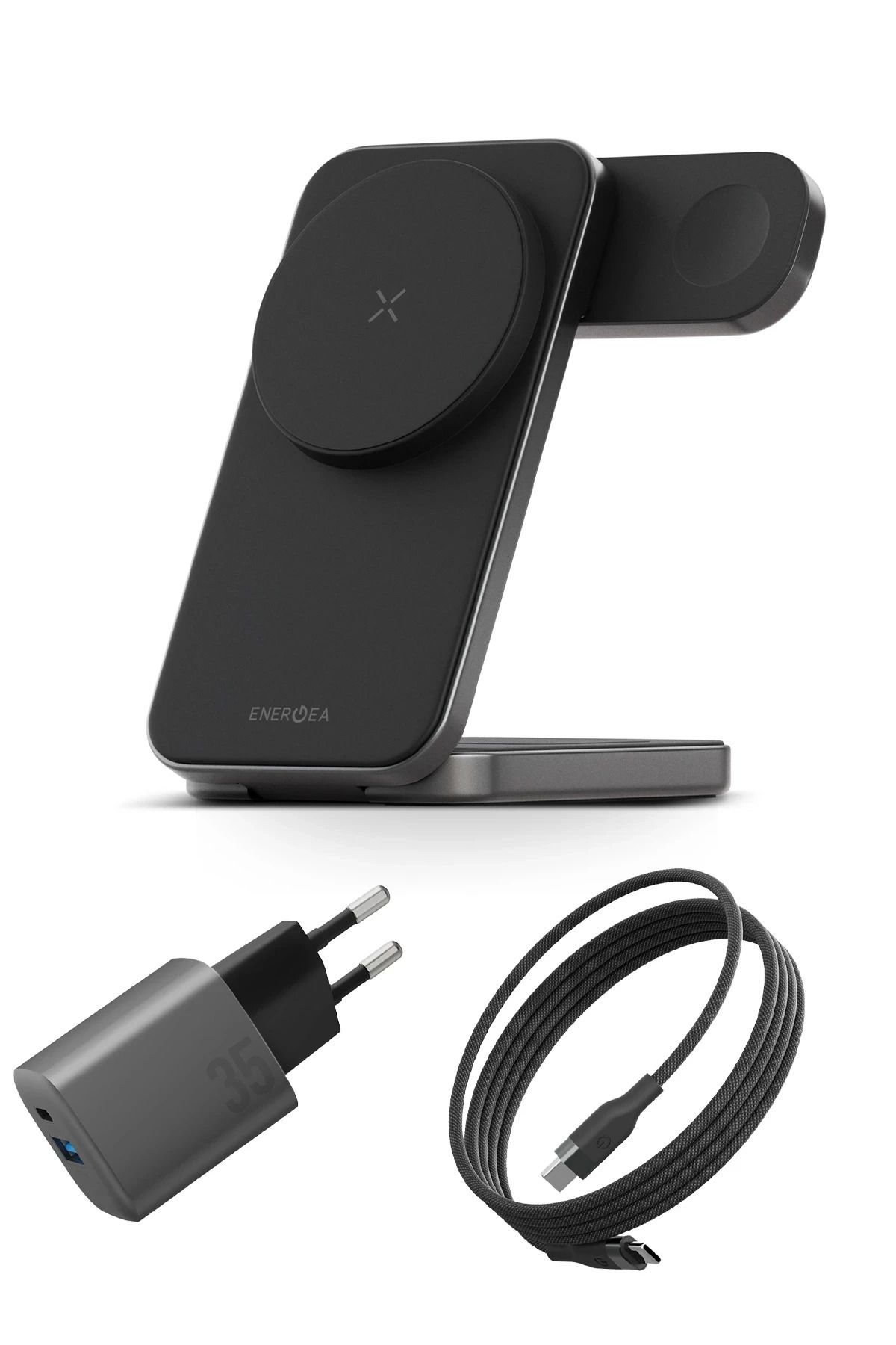 Energea Essential Kit GaN 35W Adaptör 3in1 Kablosuz Şarj Standı ve 100W Type-C to Type-C Manyetik Ka