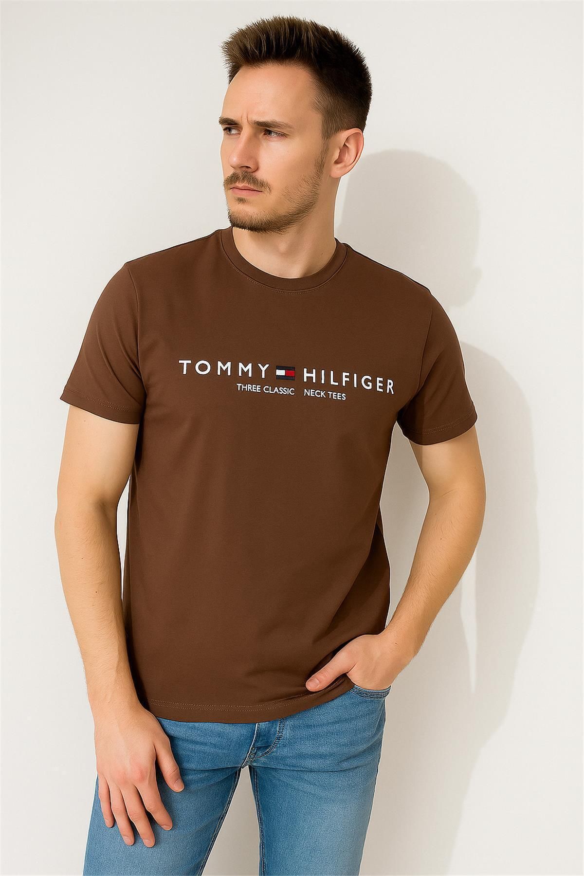 Tommy TOMMYHILFIGER EST BASKILI BİSİKLET YAKA PAMUK PENYE TSHİRT KAHVERENGİ