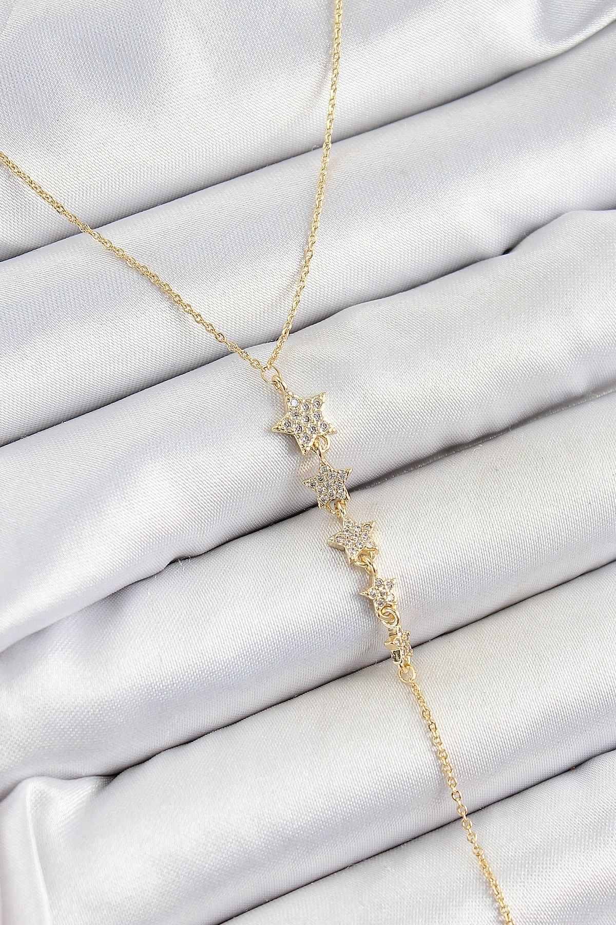 shopwave Pirinç Zirkon Taşlı Sıralı Yıldız Figürlü Y Model Gold Renk Kadın Kolye