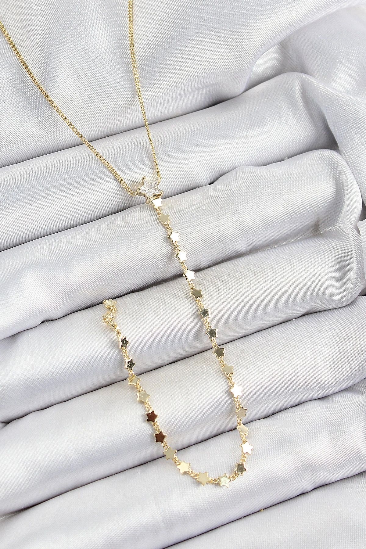 shopwave Pirinç Zirkon Taşlı Yıldız Figürlü Y Model Gold Renk Kadın Kolye