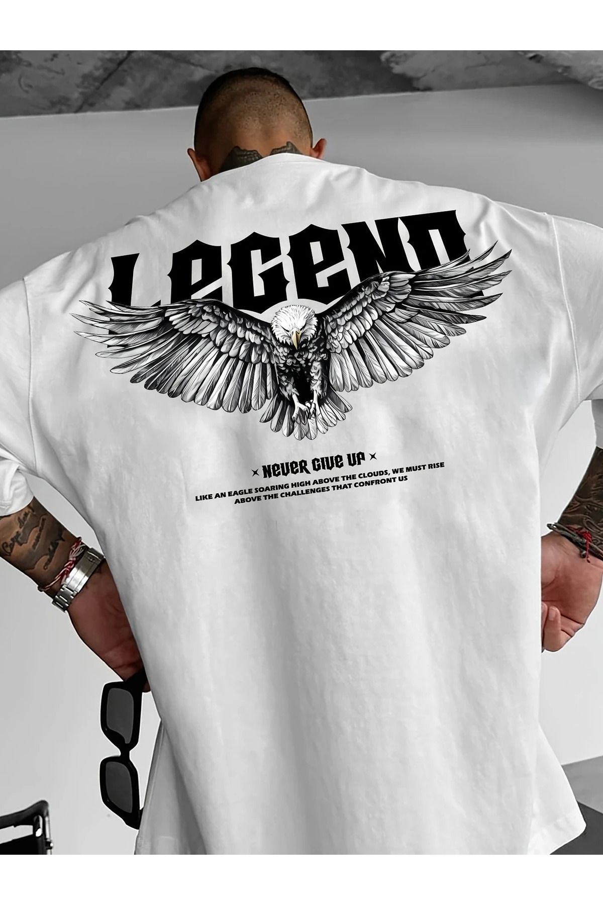 İnazuma Outdoors Unisex Oversize Baskılı Pamuklu Bisiklet Yaka Kısa Kollu BEYAZ T-shirt Legend