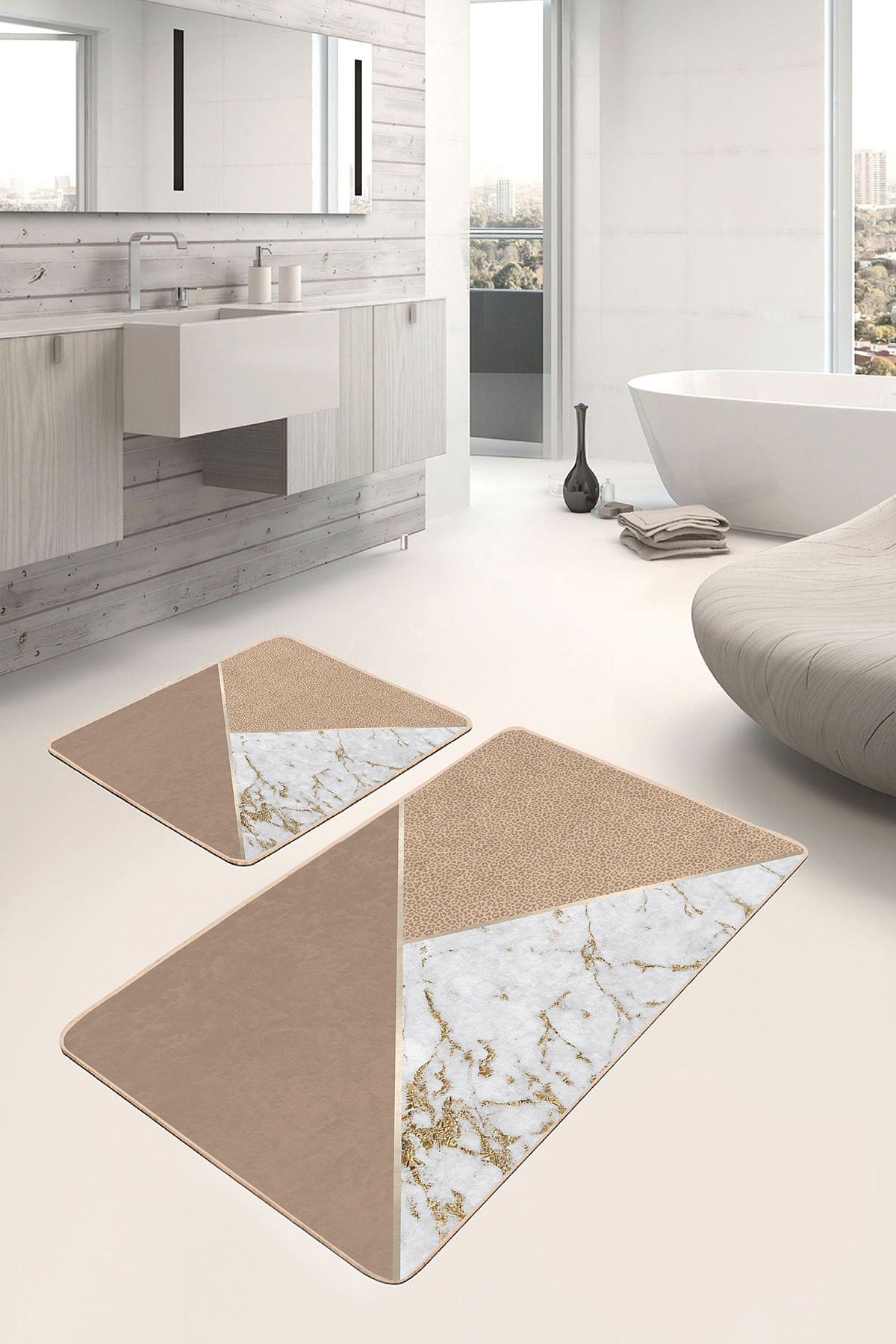 Realhomes Gold - Kahverengi Zeminde Mermer Motifli Altın Desenli Geometrik Sade & Şık 2'li Banyo Paspas Takımı