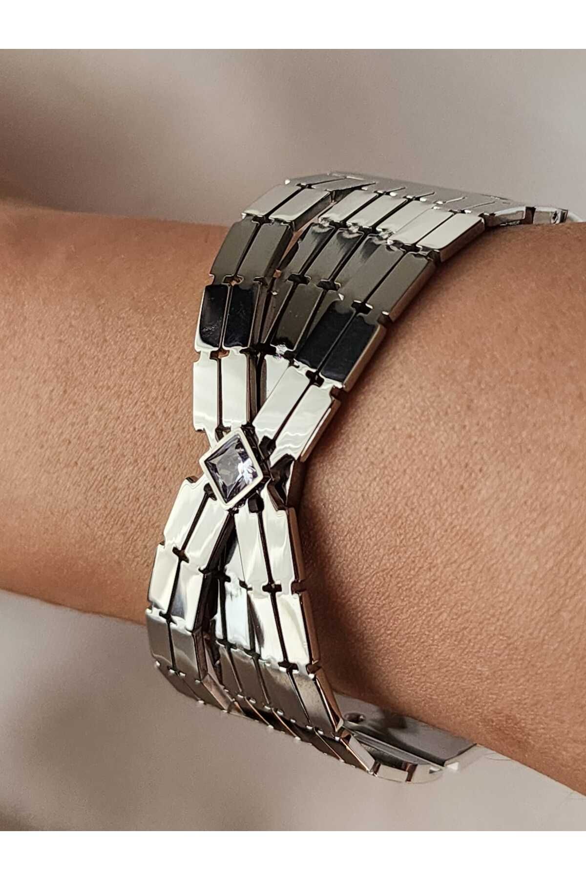 ZÜLİSCH ÇELİK KELEPÇE KALIN MODEL GÜMÜŞ RENK TAŞLI PASLANMAZ