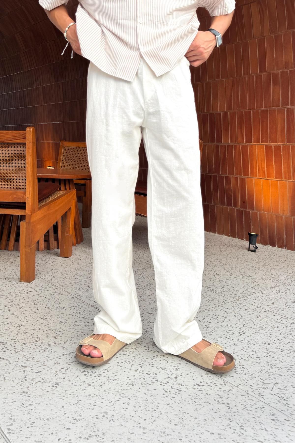 Flaw Wear Bel Lastikli Beyaz Keten Pantolon
