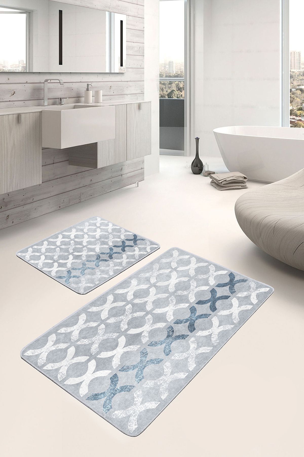 Realhomes 2'li Set Gri Zeminde Dokuma Halı Motifli Geometrik Geometrik Sade & Şık 2'li Banyo Paspas Takımı