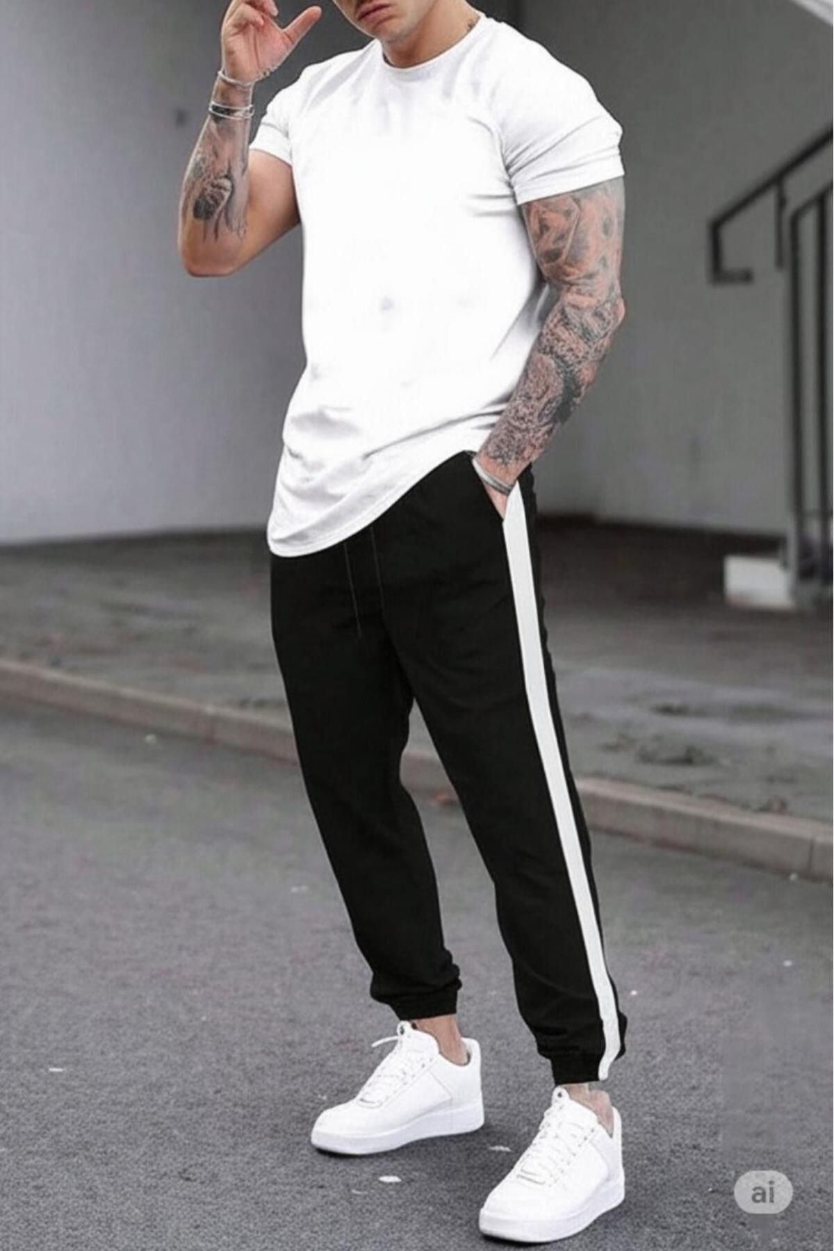 NO 601 Erkek Beyaz Oval SlimFit T-shirt Desensiz Yanı Parçalı Dar Eşofman Alt Takımı