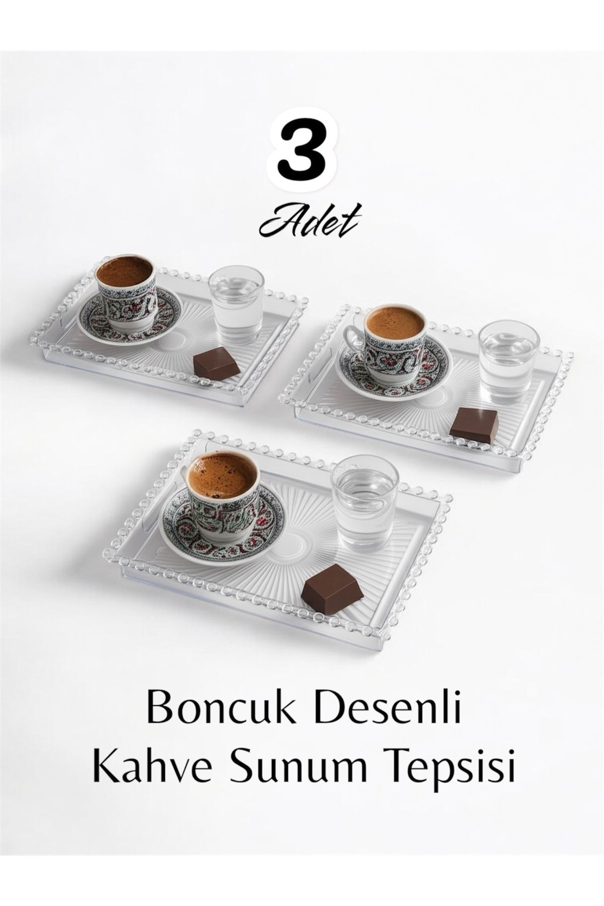 Dem Home 3 Adet Boncuklu Mika Sunum Tepsisi | Dikdörtgen Kahve Sunum Tepsisi | Boncuk Tepsi Plastik