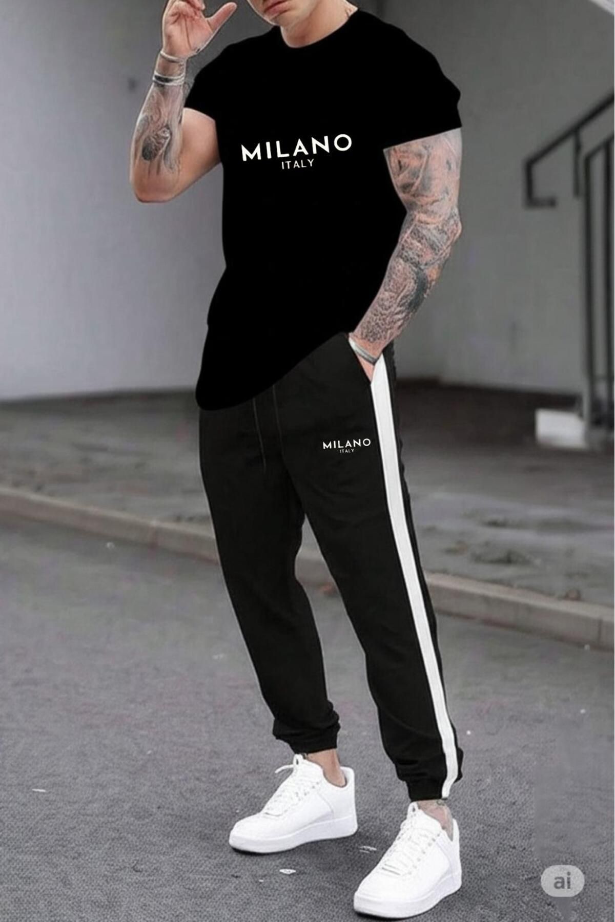 NO 601 Erkek Siyah Oval SlimFit T-shirt Milano İtaly Baskılı Yanı Parçalı Dar Eşofman Alt Takımı