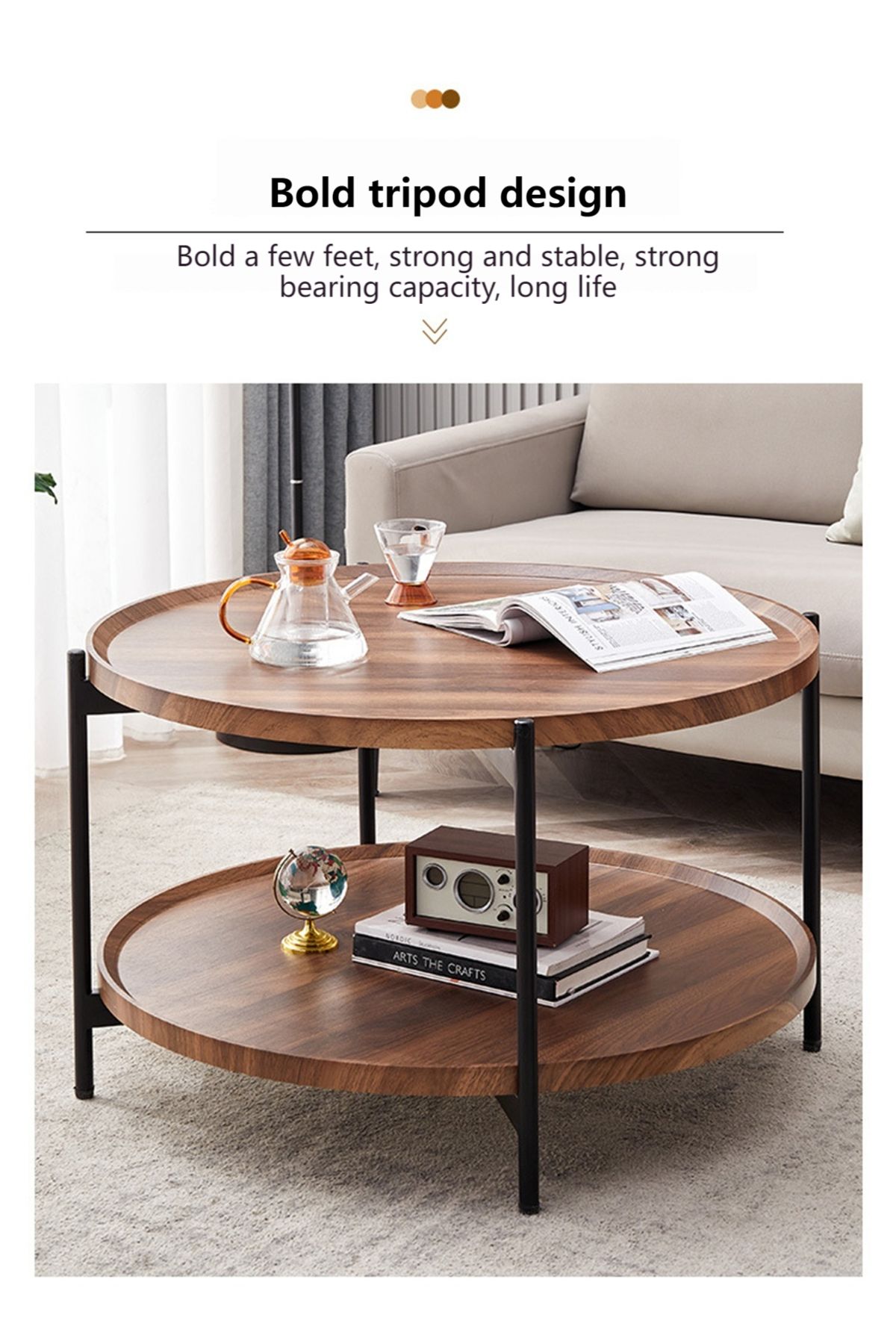 sharpdo-Multifunctional Double-Layer Living Room Sofa Round Table Side Table, Walnut Color, Waterproof Pane 3