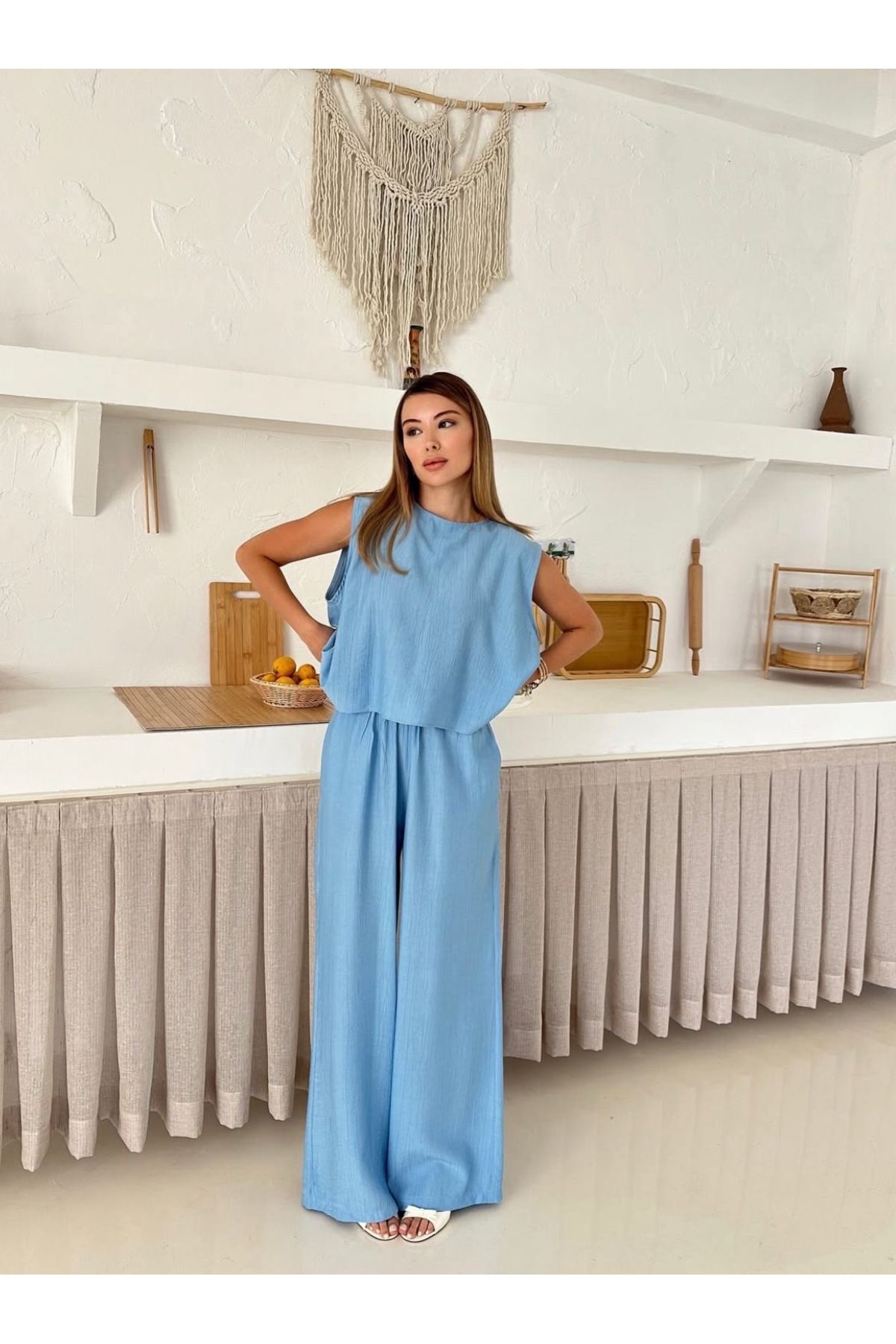 Ekim Store Sırtı Bağcıklı Gofre Bluz Pantolon Takım