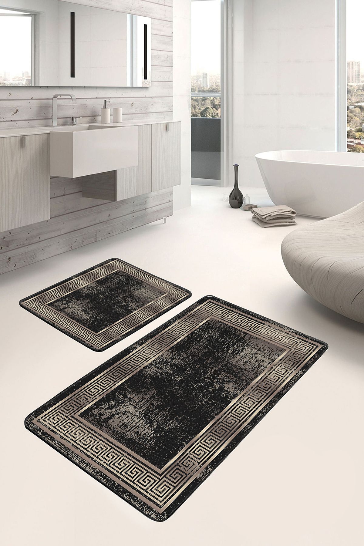 Realhomes Gold - Siyah Zeminde Çerçeveli Motifli Altın Geometrik Avangarde 2'li Banyo & Mutfak Paspas Takımı