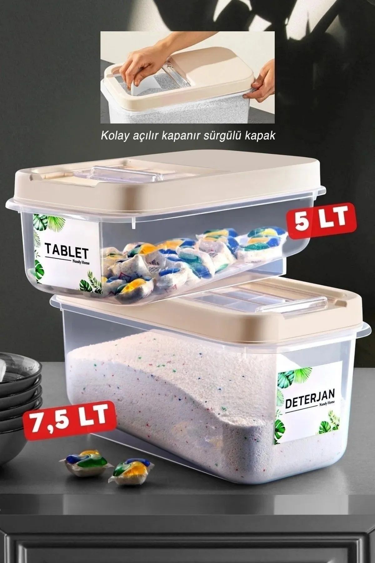 teknotrust 2'li Şeffaf Kayar Kapaklı Deterjan Saklama Kabı 5-7,5 Litre Krem