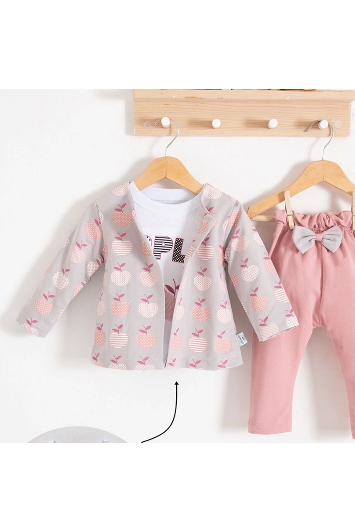 BYB MODA TASARIM 3-18 Ay Kız Bebek Takımı Elma Ceketli 3'lü Gül Kurusu