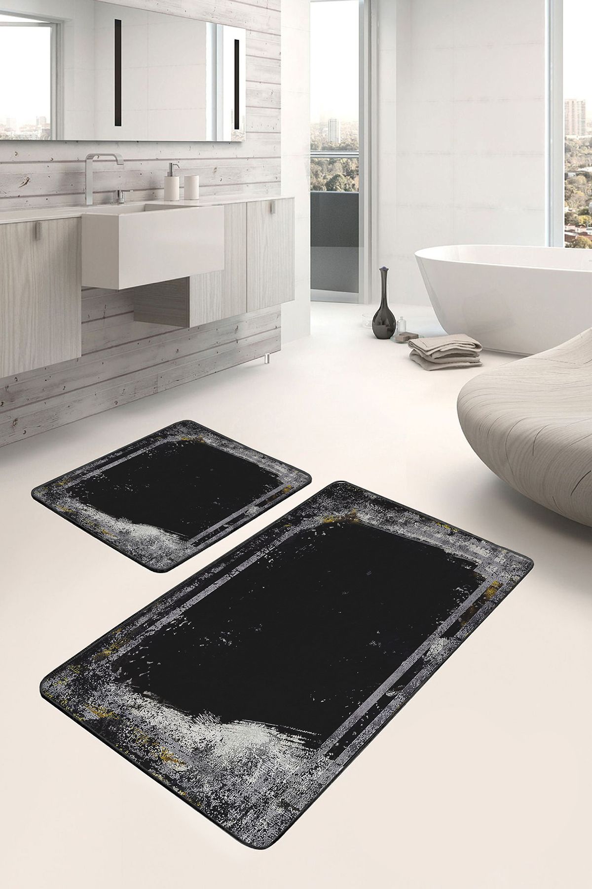 Realhomes Siyah - Gri Zeminde Çerçeveli Motifli Eskitme Avangarde Eskitme Motifli 2'li Banyo Paspas Takımı
