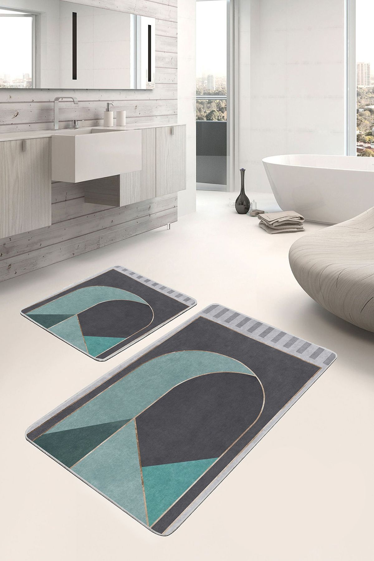 Realhomes 2'li Set Gri Zeminde Geometrik Motifli Mordern Sanat Geometrik Modern 2'li Banyo Paspas Takımı