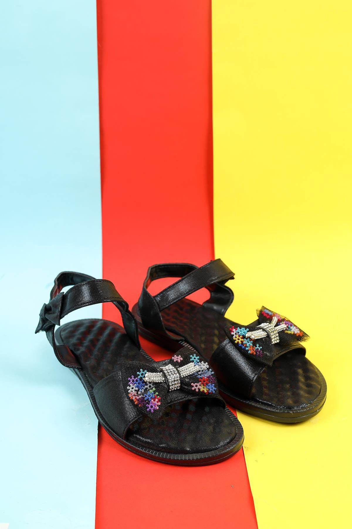 Moda Lime Kız Çocuk Sandalet Taş Fiyonk Detaylı Cırtlı Esnek Taban Terlik