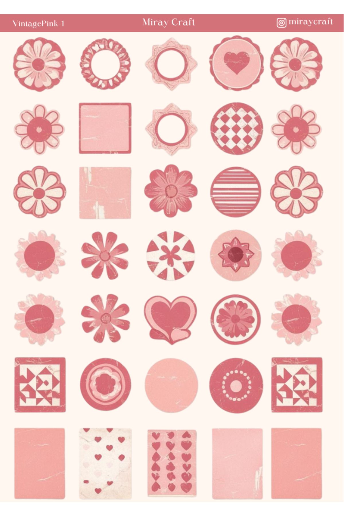 MirayDesign 1 Adet Pembe Vintage Temalı Sticker (12x17 cm) Bullet Journal,Scrapbook, Ajanda ve Planlayıcı İçin