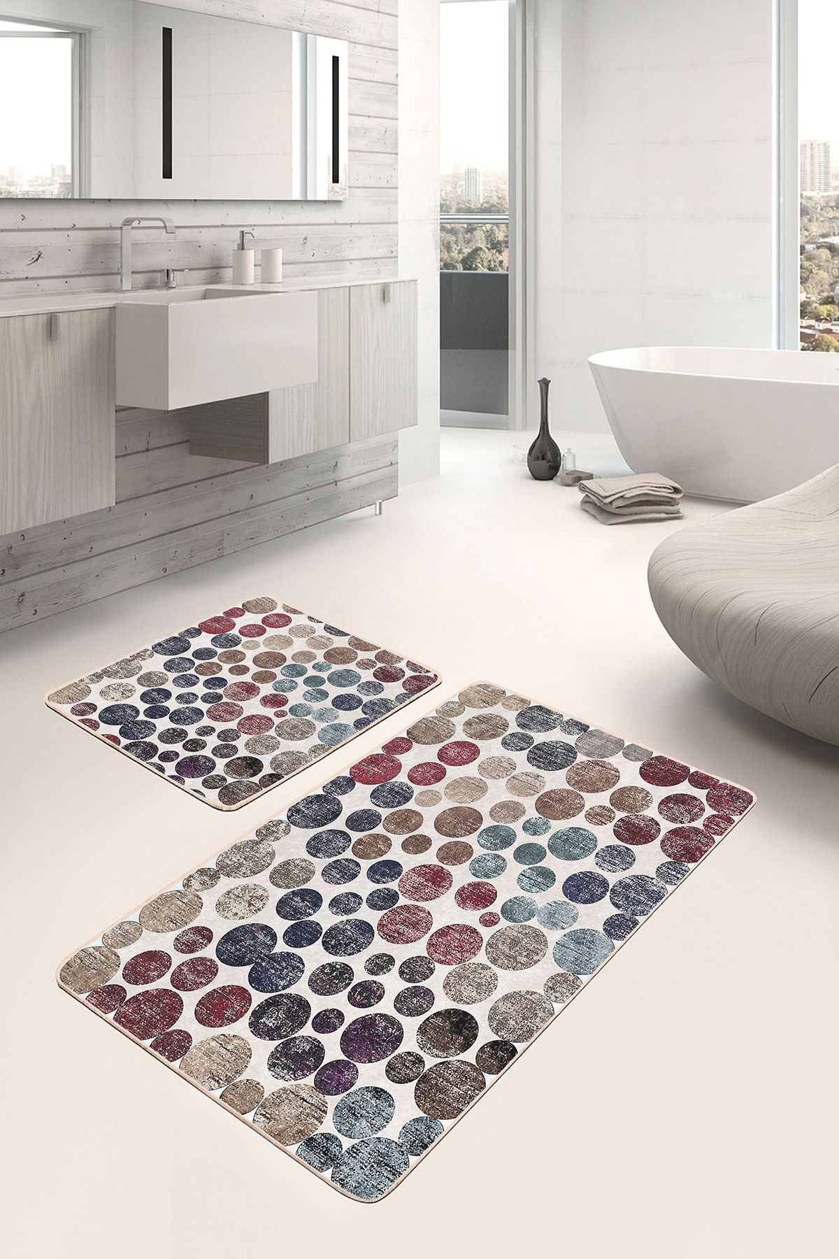 Realhomes 2'li Set Krem Zeminde Eskitme Motifli Dairesel Desenli Geometrik Sade & Şık 2'li Banyo Paspas Takımı
