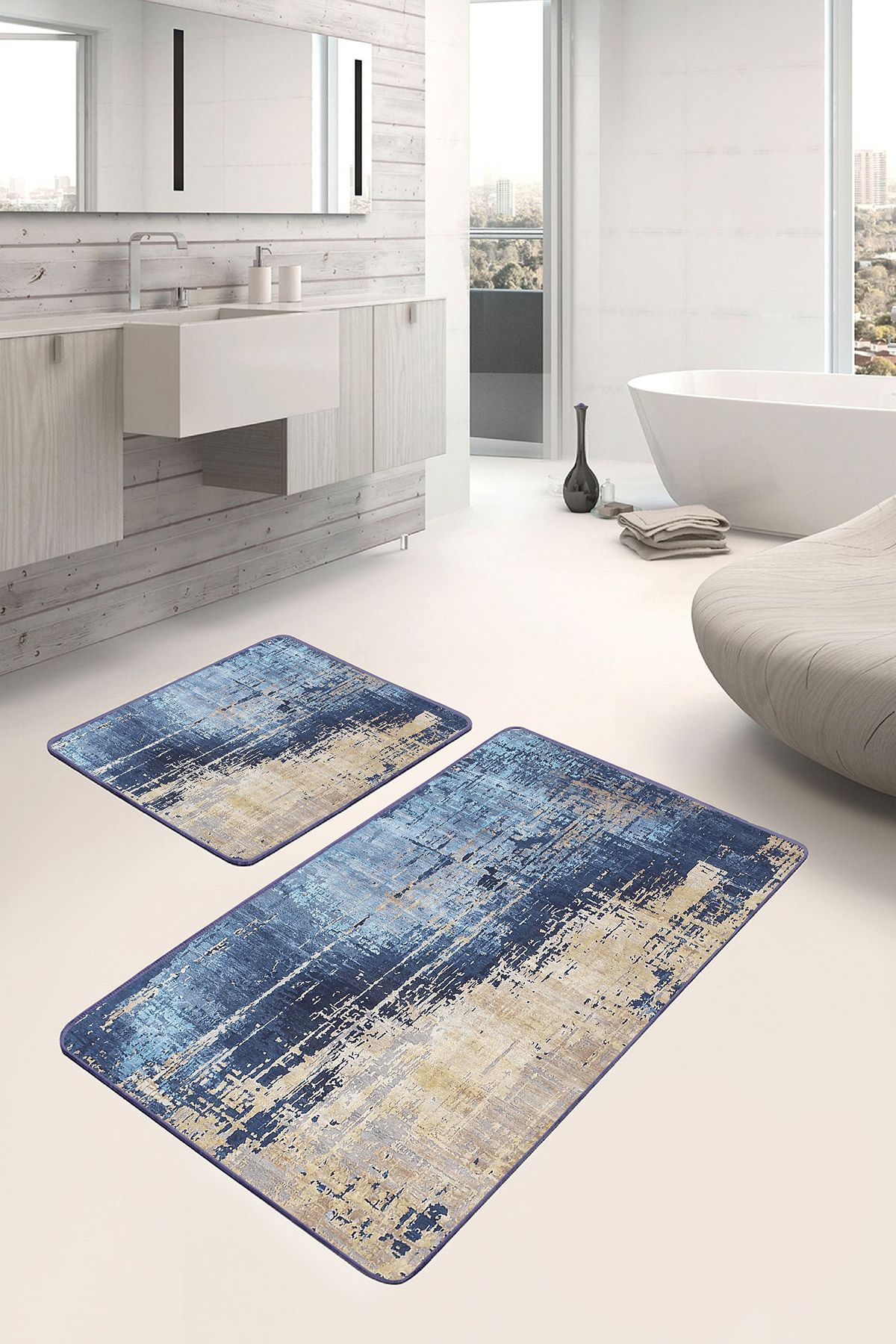 Realhomes Gold - Mavi Zeminde Eskitme Motifli Dokuma Eskitme Motifli Vintage 2'li Banyo & Mutfak Paspas Takımı