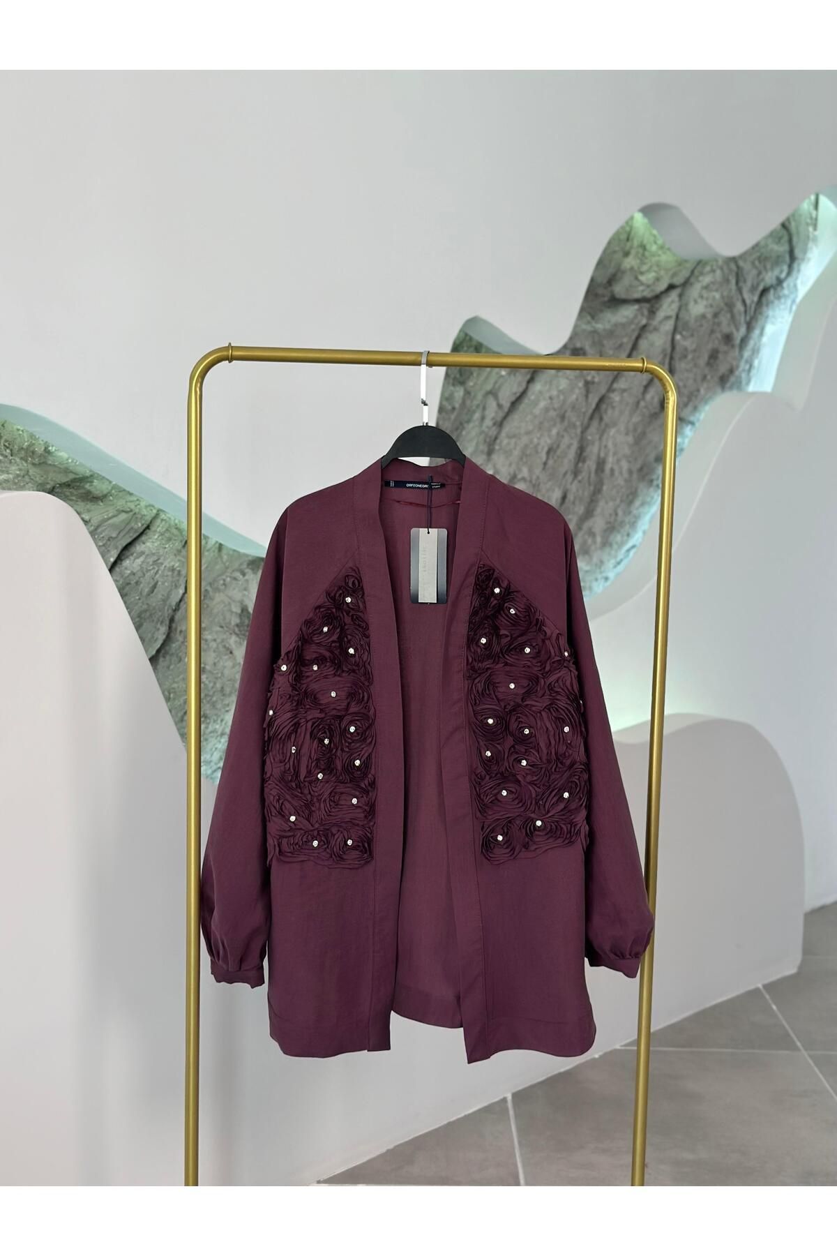 BÜRDE Premium Gül İşlemeli Mürdüm Renk Kadın Kimono