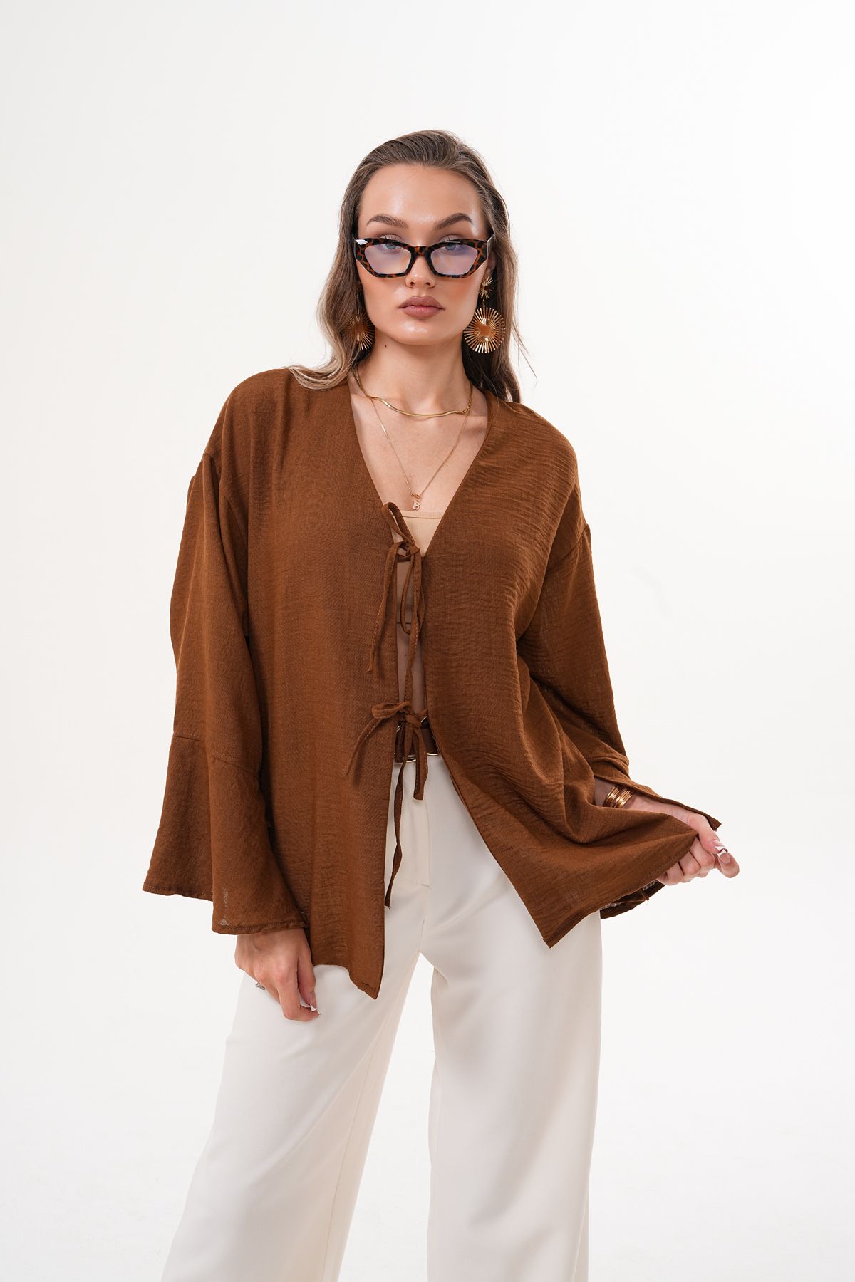 happinice Kadın Kahverengi Çift Bağlamalı Keten Kimono