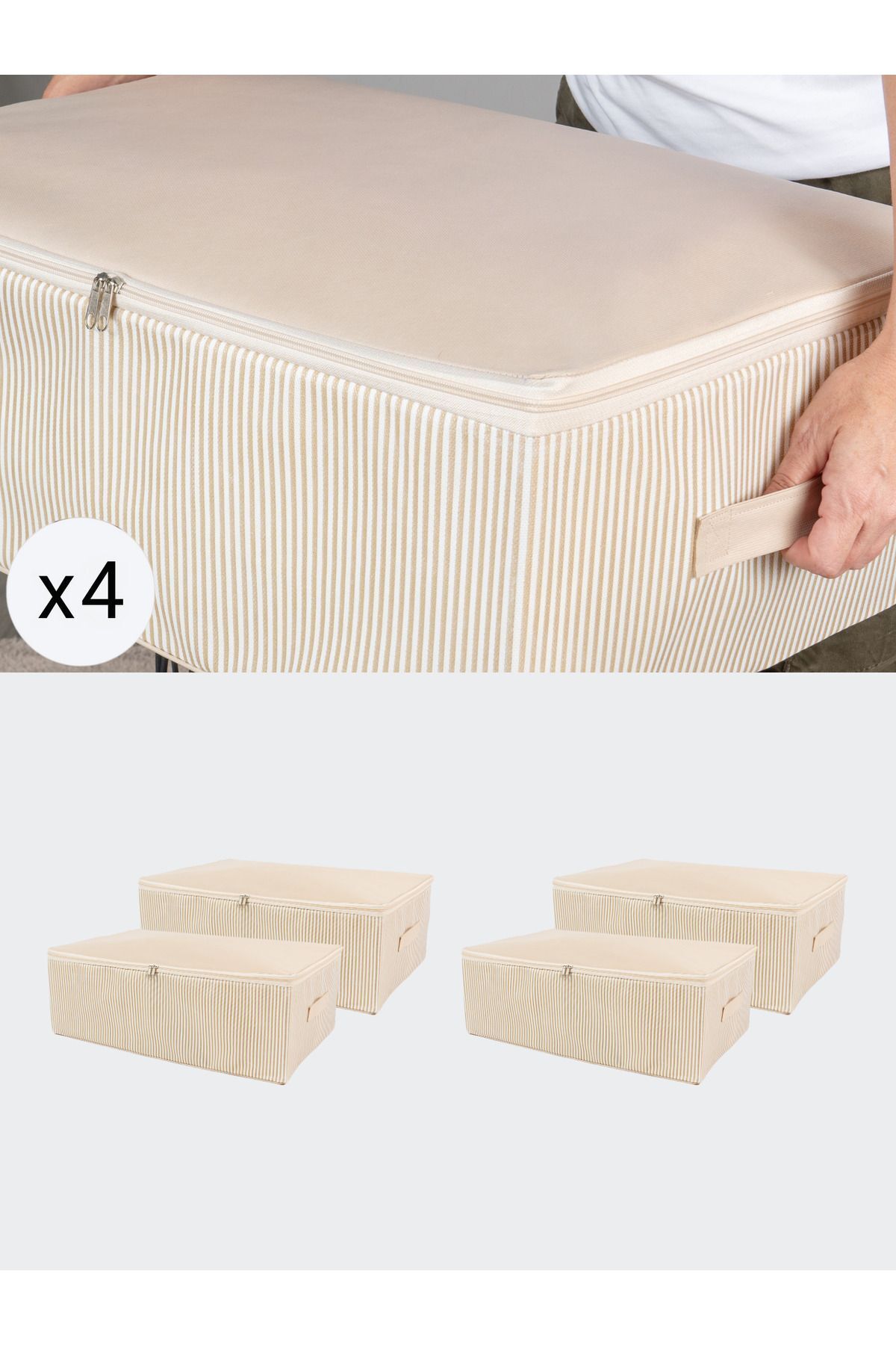 teknotrust Büyük Boy Krem Çizgi Desenli Baza Altı Yastık Yorgan Hurcu Seti 60x40x20 cm