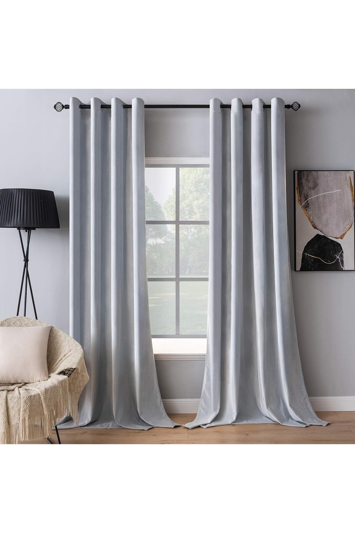 Metropolitan Concept Set De Două Perdele Din Catifea Konan, Gri Deschis, Lucrate Pe Inele Cu Capse, 2x150x250 Cm - 150 x 260