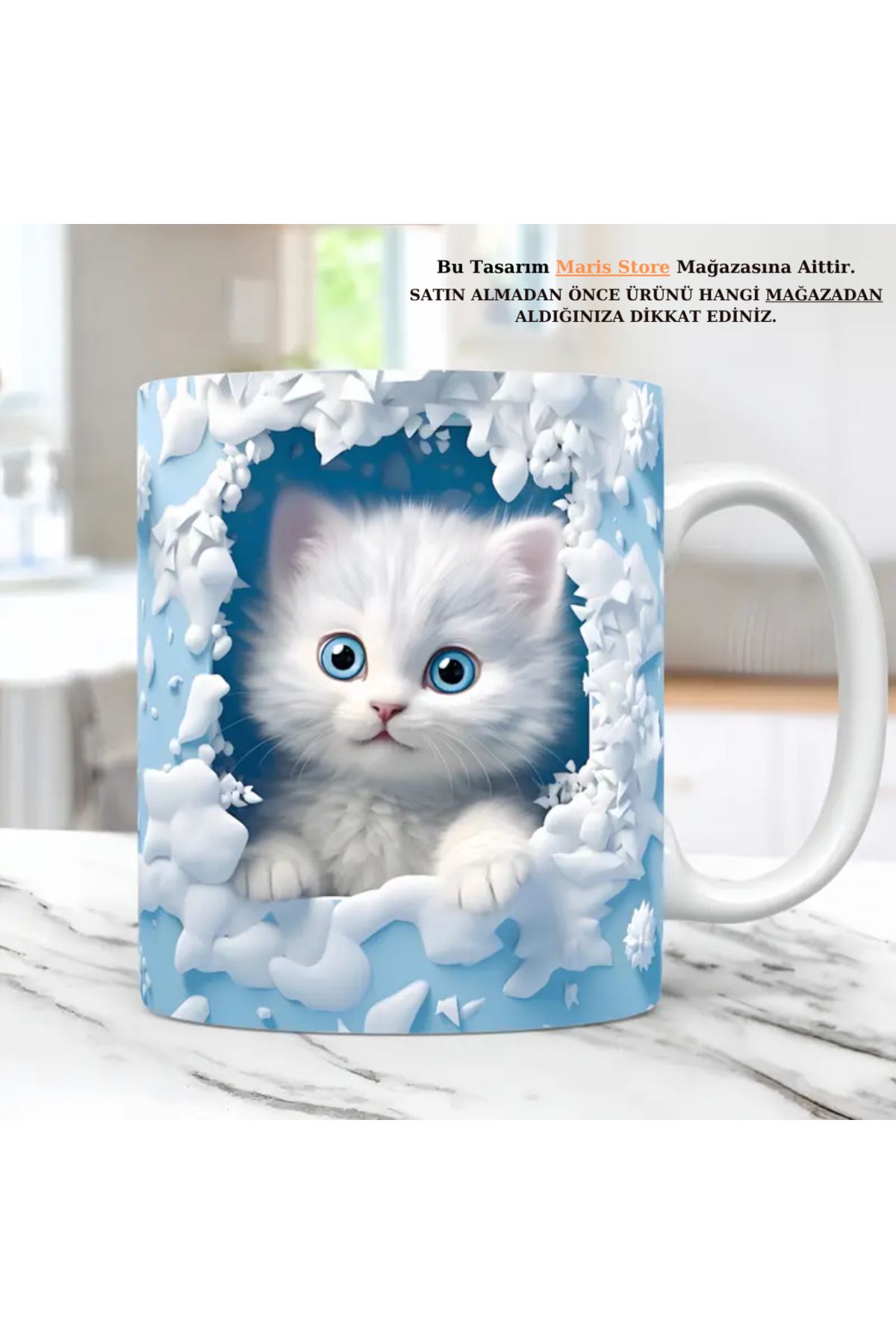 MARİS STORE Mavi Kedi Baskılı 3D Efekli Kişiye Özel İsimli Hediyelik Kupa Bardak