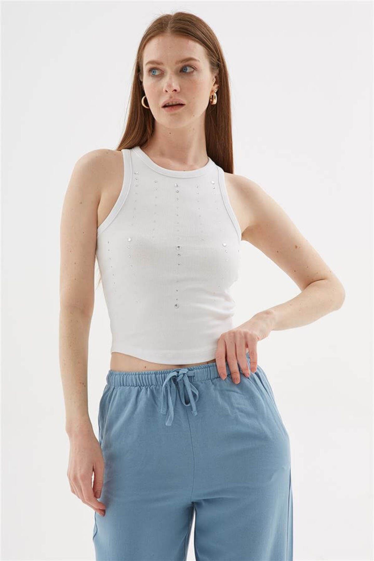 Fashion Friends Taşlı Crop Atlet Beyaz