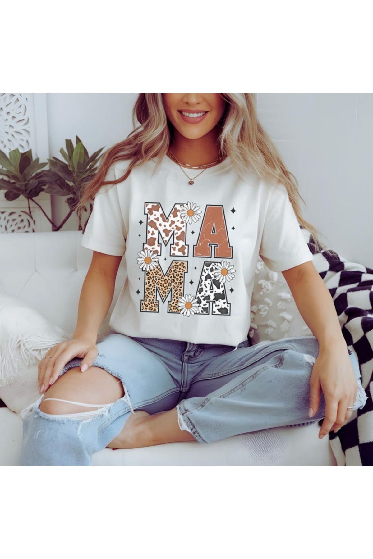 aynewmoda Sweet Line Leopar Mama Baskılı Beyaz Jersey Tişört - Büyük Boy Yuvarlak Yaka Tişört