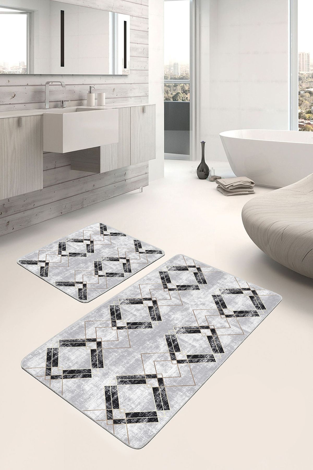 Realhomes Siyah - Gri Zeminde Mermer Motifli Eskitme Geometrik Eskitme Motifli 2'li Banyo Mutfak Paspas Takımı