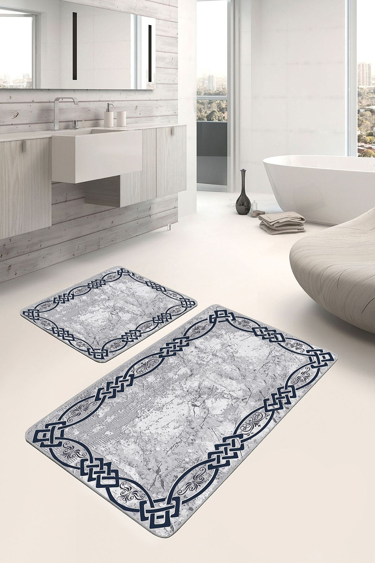 Realhomes Gri - Lacivert Zeminde Çerçeveli Motifli Duvar Eskitme Motifli Geometrik 2'li Banyo Paspas Takımı