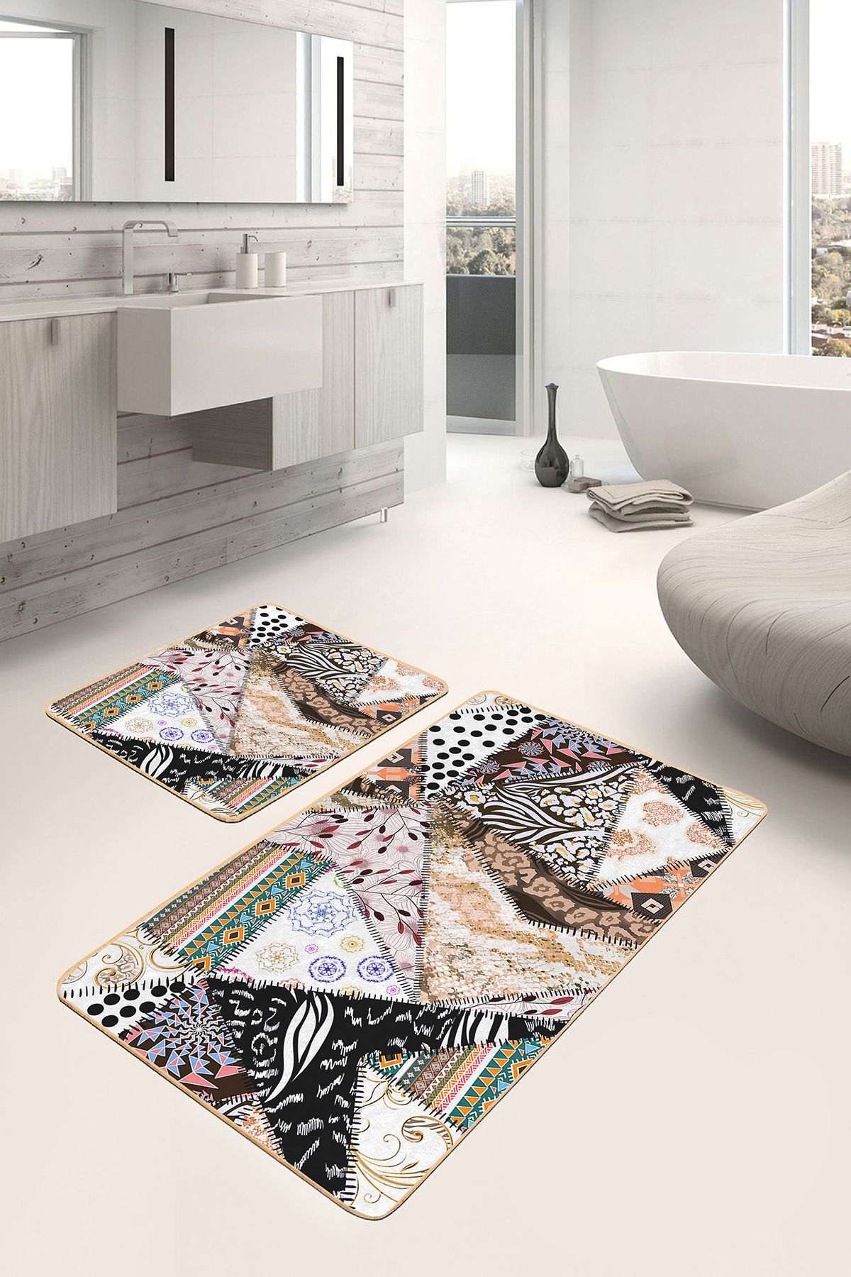 Realhomes 2'li Set Etnik Zeminde Patchwork Motifli Geleneksel Desenli Vintage Klasik 2'li Banyo Paspas Takımı