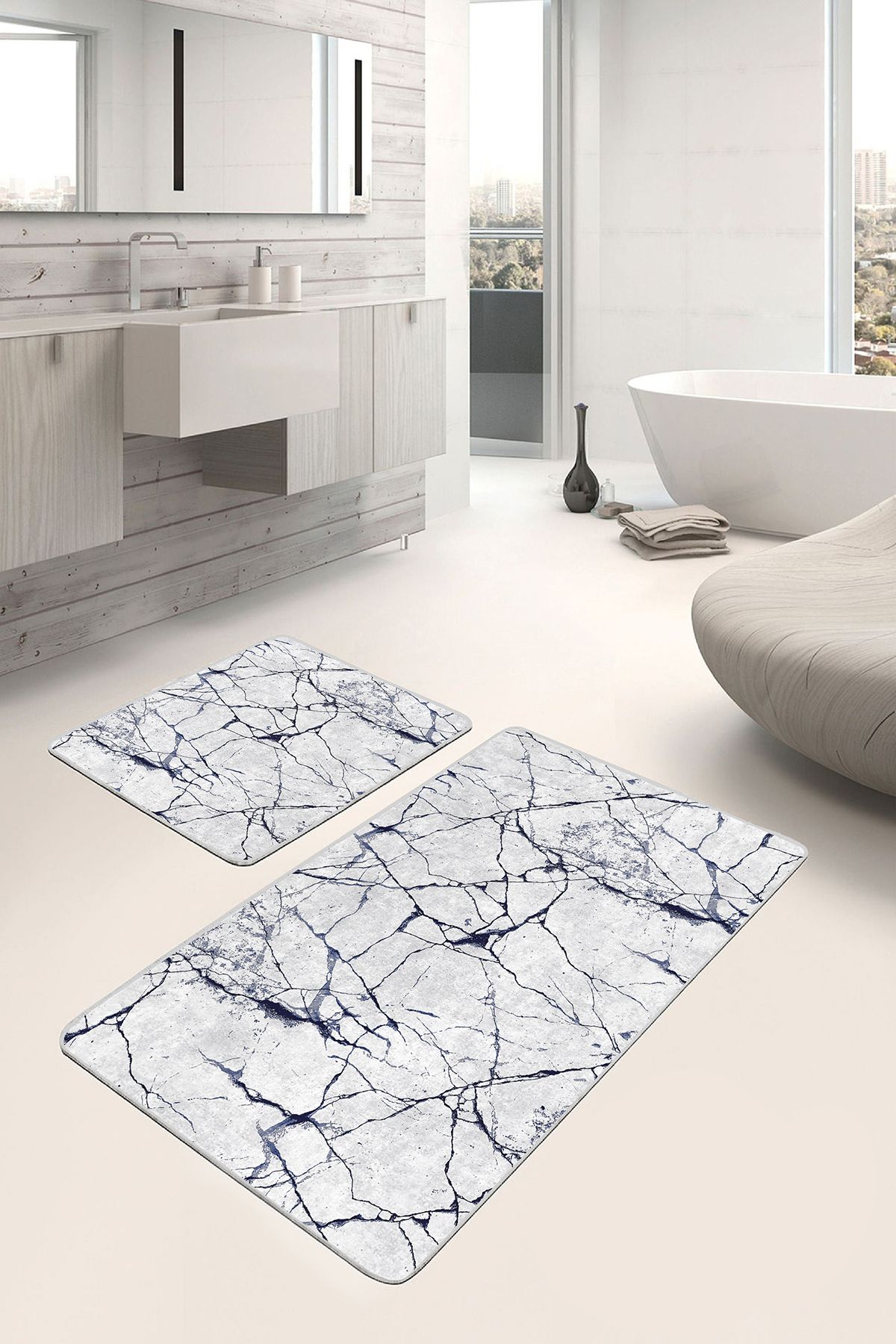 Realhomes 2'li Set Lacivert - Gri Zeminde Duvar Motifli Mermer Klasik Sade & Şık 2'li Banyo Paspas Takımı