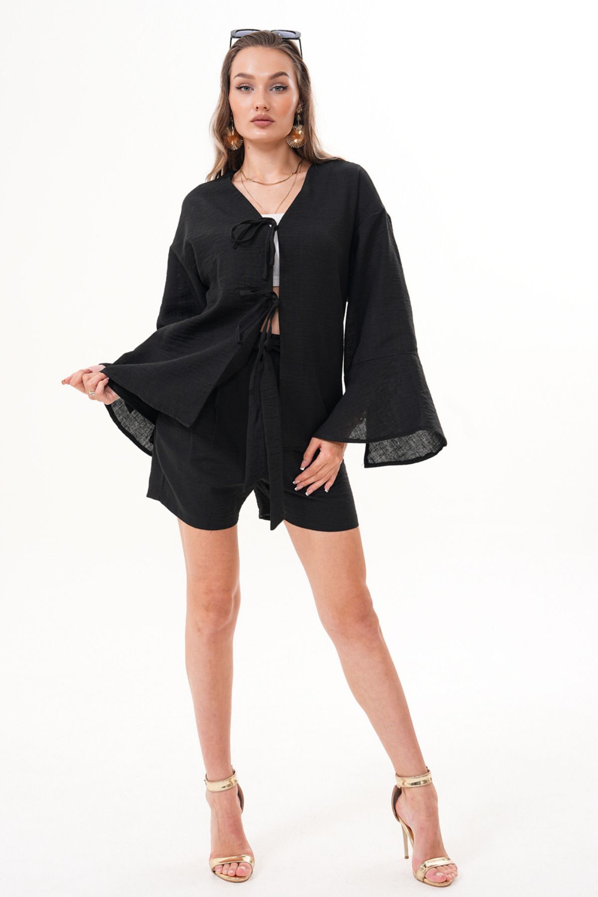 happinice Kadın Siyah Kimono Takım – Bağlamalı, Rahat Kesim, Şortlu Yazlık Kombin