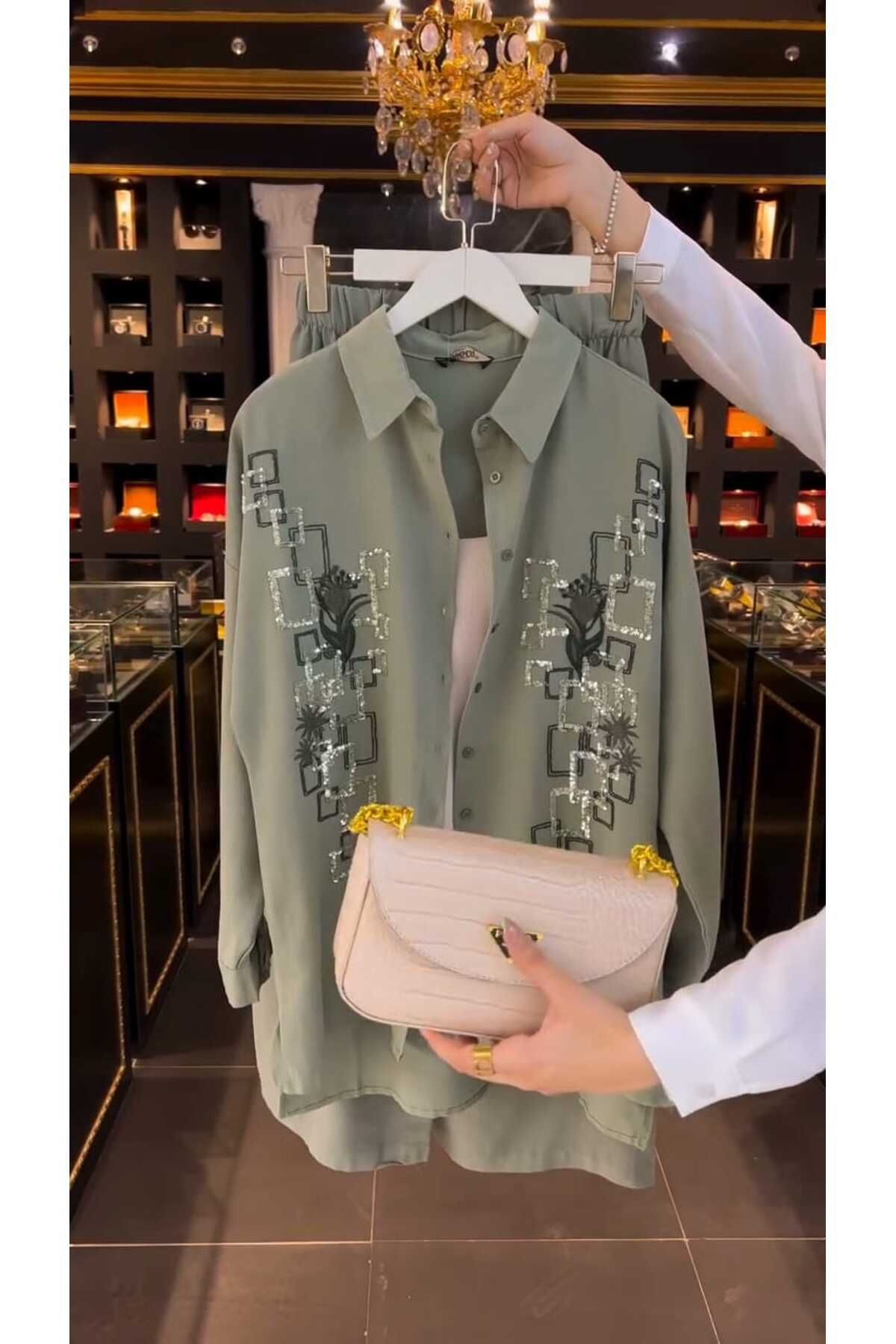 MELOOX oversize kalıp Üçlü takım gömlek pantolon iç atlet pulu nakışlı tesettür