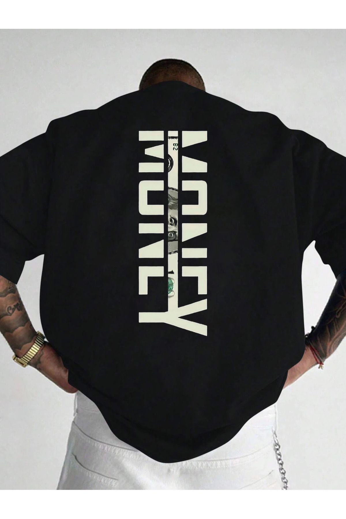 İnazuma Outdoors Unisex Oversize Baskılı Pamuklu Bisiklet Yaka Kısa Kollu SİYAH T-shirt MONEY